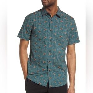 Open Edit Men’s Geo Short Sleeve Buttoned Teal Coral Starburst Cotton Shirt M
